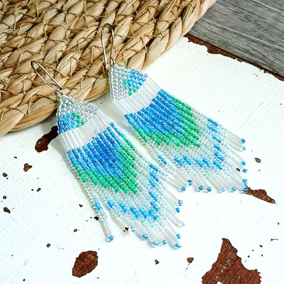 Boho Beaded Fringe Dangle Earrings, Seed Bead Jewelry, Blue & Green, 3.5" - Picture 4 of 8